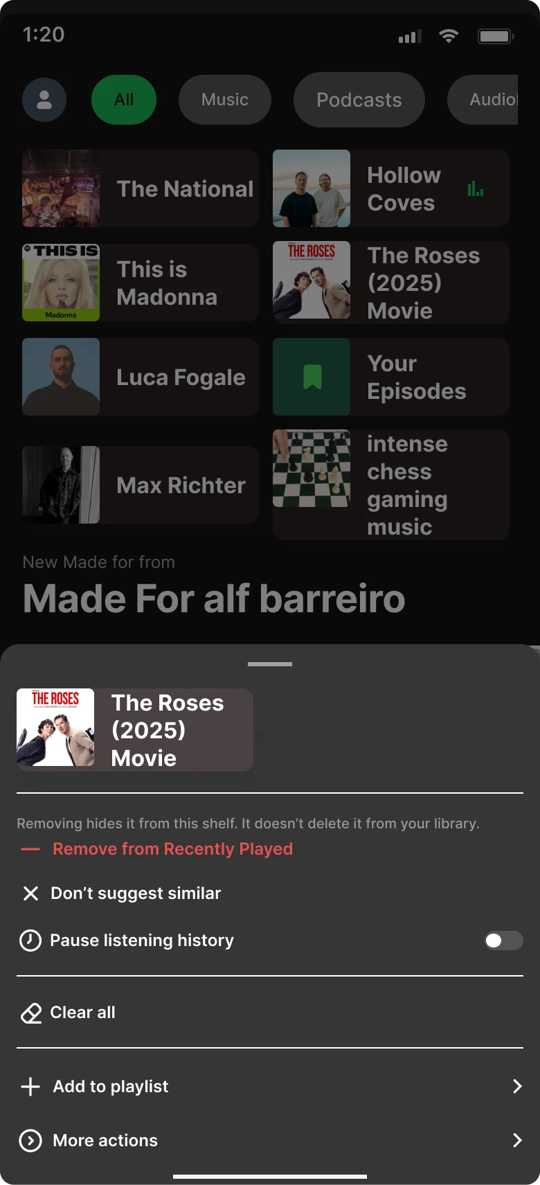 Long-press an item on the Spotify Recently Played shelf opens an action sheet with Pin, Remove, and Pause Listening History.